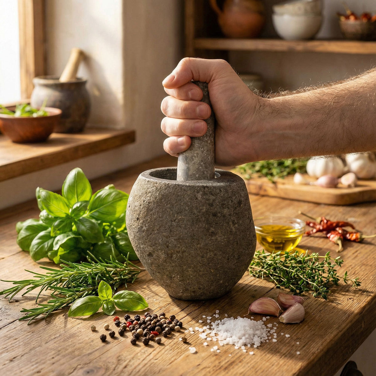 Natural Riverstone Mortar & Pestle - 12 x 8 cm