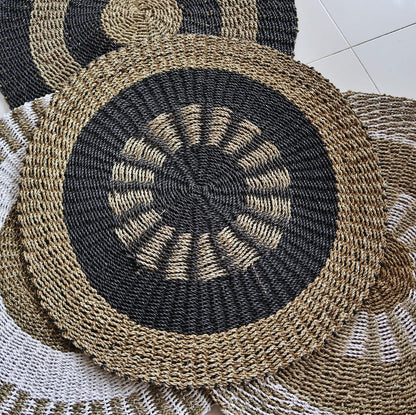 Neutral Round Seagrass Rug - Black & Tan - 1 metre